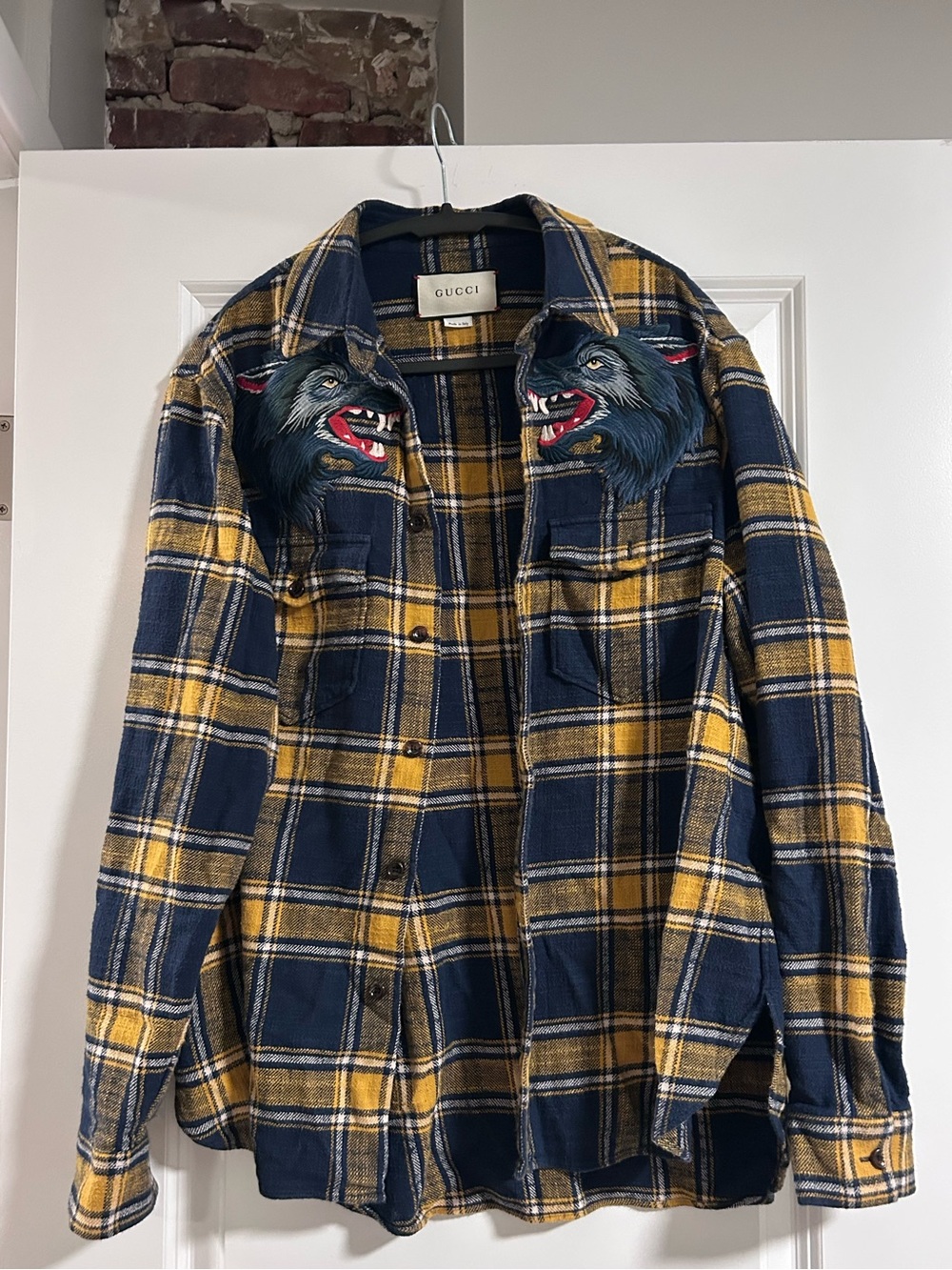 Gucci Yellow and Blue Cotton flannel shirt Wolf Embroidered - Picture 1 of 4